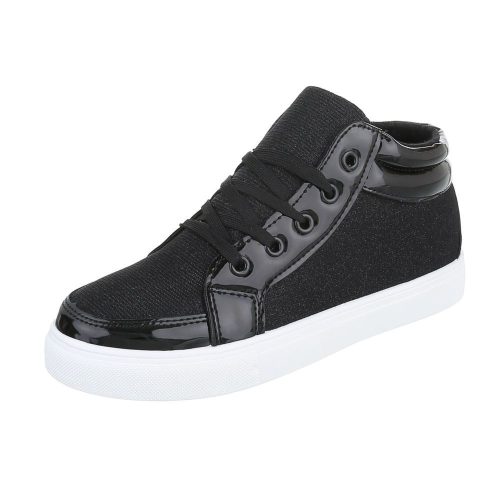 Fekete magasított szárú lakk-szövet sportcipő / sneaker (062-Y)