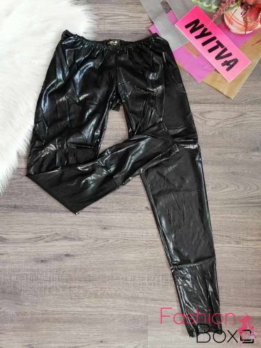 Fekete extra csípő fazonú latex nedves hatású leggings / cicanadrág